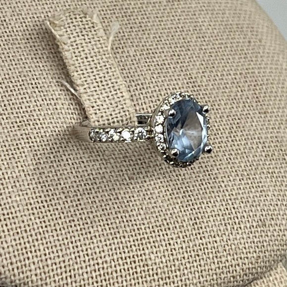 Vintage Estate Sterling Silver 925 Blue Topaz & Diamond Halo Ring – Size 6 - Picture 9 of 17